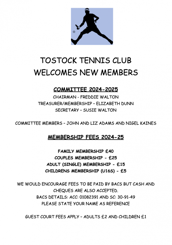 Tostock Tennis Club Membership Advert 2024 25 Front