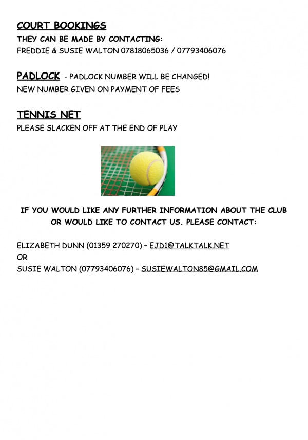 Tostock Tennis Club Membership Advert 2024 25 Back